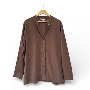Vintage Orvis Brown Velour Band Collar Button Up Shirt Jacket Top Women